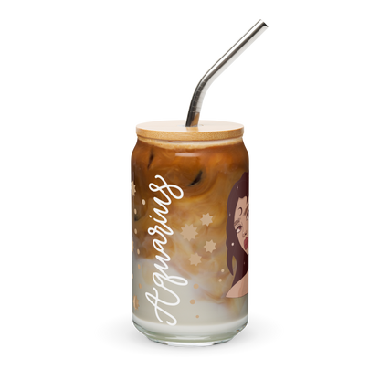 Aquarius Can-Shaped Glass with Bamboo Lid & Metal Straw