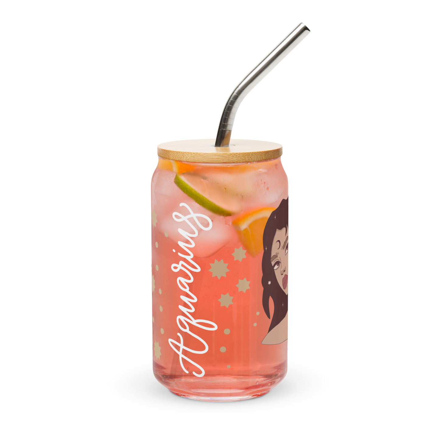 Aquarius Can-Shaped Glass with Bamboo Lid & Metal Straw