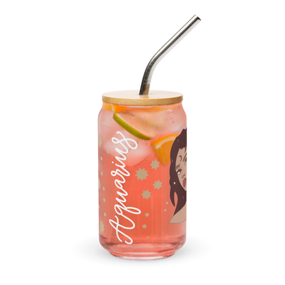 Aquarius Can-Shaped Glass with Bamboo Lid & Metal Straw